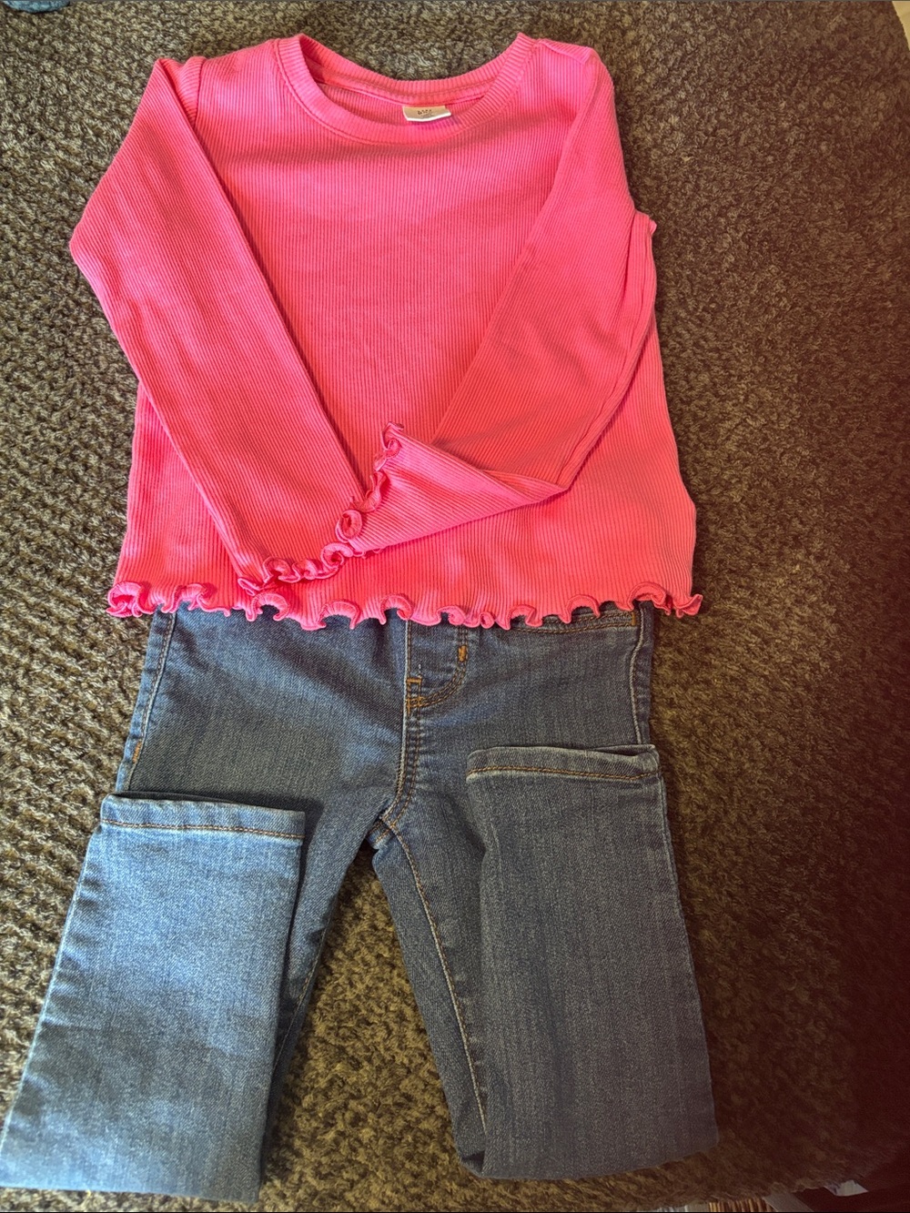 GAP Pink Ribbed Long-Sleeve Top with Ruffle Hem